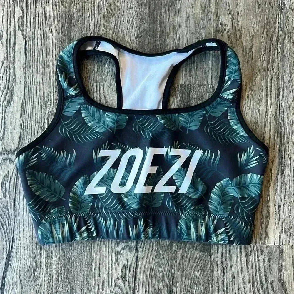 Zoezi Bra Black and Green Damaris Palm Sports Bra Size Small Workout Racerback